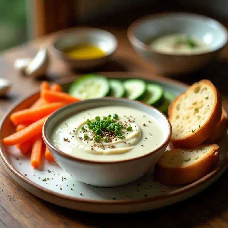 Bol de cerámica blanca con fromage fort cremoso sin lactosa, decorado con hierbas provenzales y un hilo de aceite de oliva, acompañado de pan tostado sin lactosa y bastones de apio sobre una tabla de madera rústica.