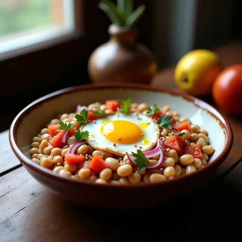 Bol hondo de barro con Ful Medames Egipcio: habas cocidas y aplastadas con especias, cubiertas de cebolla morada, tomate picado, huevo pochado con yema líquida, perejil fresco y semillas de sésamo. Aceite de comino brillando sobre el plato, fondo rústico de madera oscura.