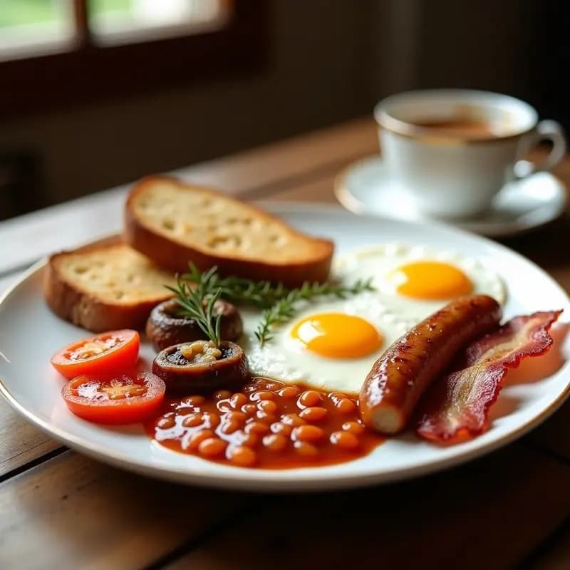 Plato hondo de cerámica blanca con un Full English Breakfast completo: huevos fritos con yema líquida, bacon crujiente, salchichas doradas, tomates asados, champiñones salteados, judías en salsa y pan tostado con mantequilla. Decorado con tomillo fresco y pimienta negra.