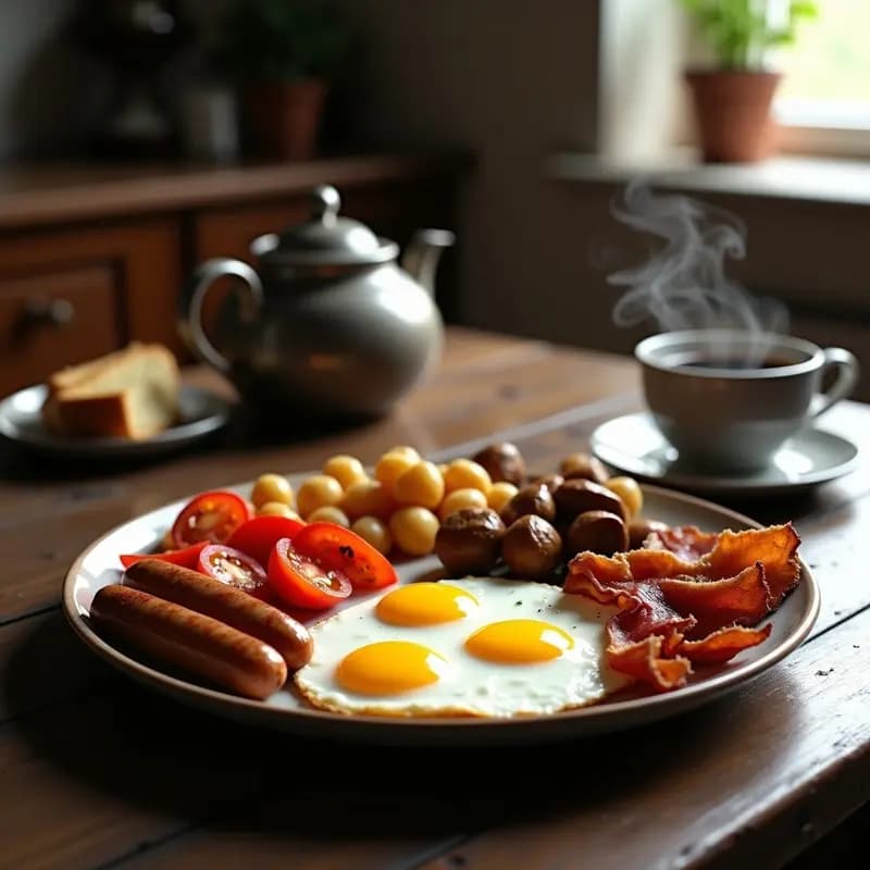 Plato abundante de Full English Breakfast tradicional con huevos fritos, salchichas Cumberland doradas, bacon crujiente, tomates asados, hongos portobello salteados, patatas panaderas al romero, judías blancas estofadas y pan tostado con mermelada de arándanos.
