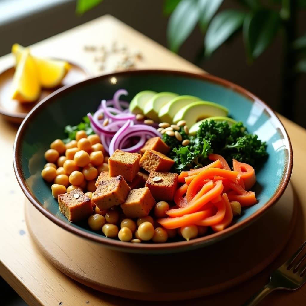 Bol vegano colorido con garbanzos dorados, tofu ahumado crujiente, col rizada, zanahoria morada, cebolla morada, aguacate y semillas de girasol tostadas, servido en airfryer.