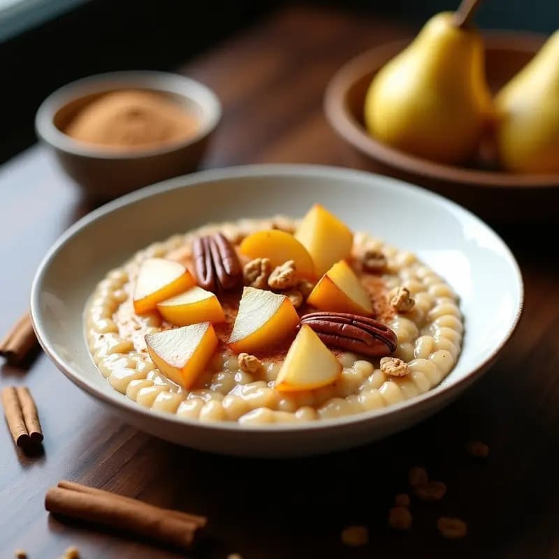 Bol de barro rústico con gachas de amaranto cremosas, cubiertas de peras caramelizadas doradas, espolvoreadas con canela y decoradas con nueces picadas. Desayuno azteca sin gluten sobre fondo de madera clara.