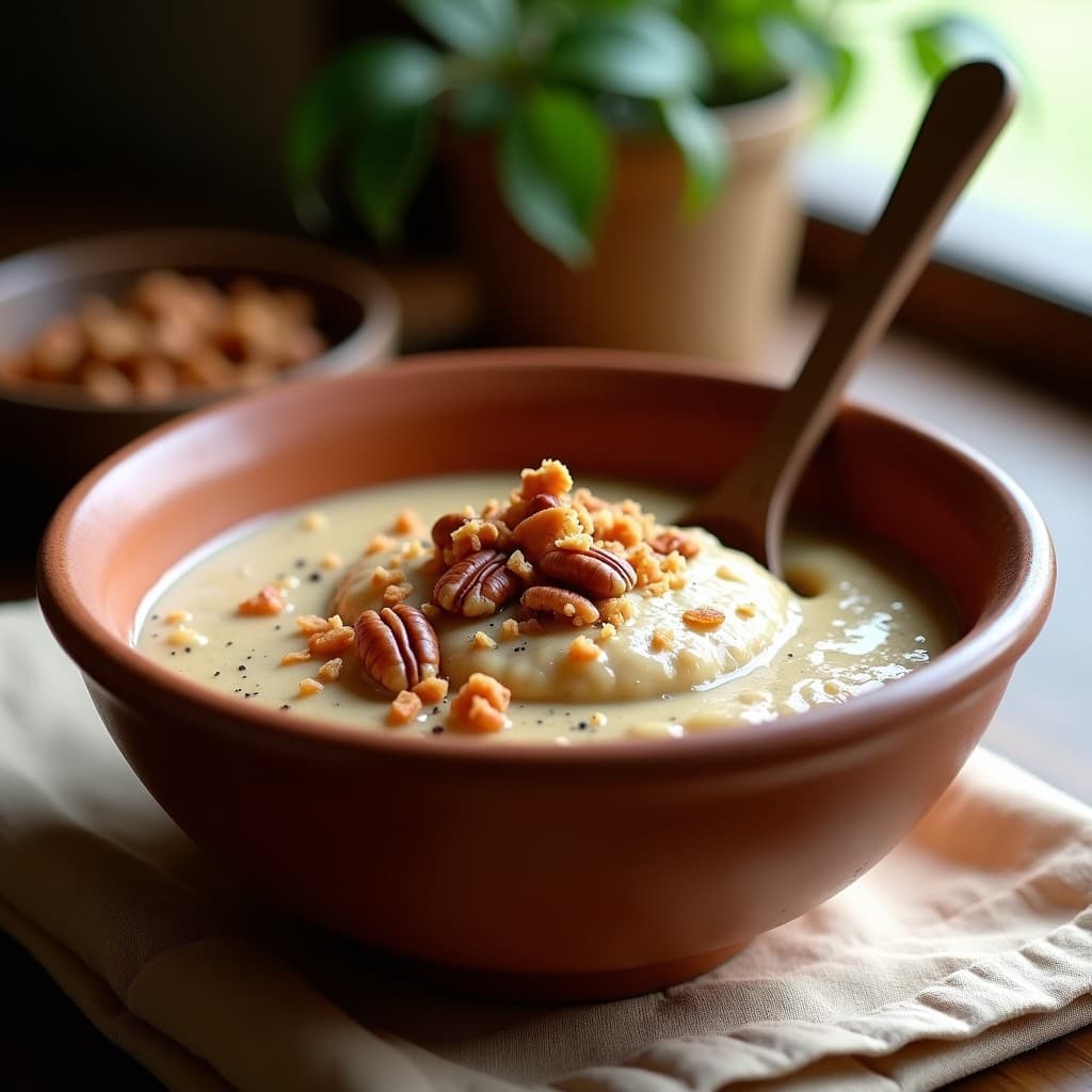 Bol de barro con gachas de amaranto y canela, textura cremosa con semillas de chía visibles, decoradas con nueces pecanas tostadas y coco rallado, sobre un mantel de lino rústico.