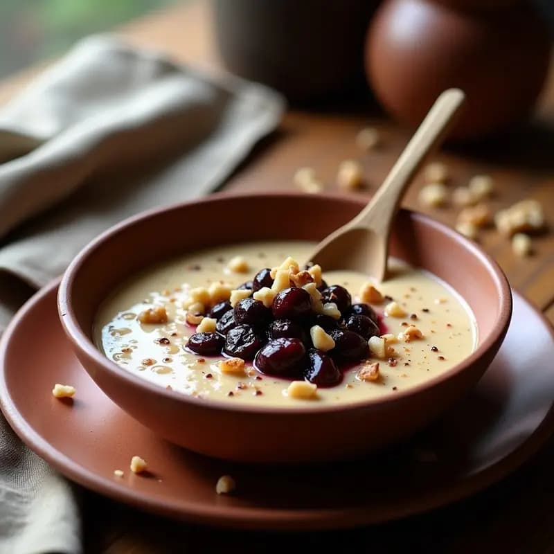 Bol de barro con gachas de amaranto cremosas, cubiertas de compota de higo negro brillante y espolvoreadas con nueces picadas. Desayuno precolombino sin gluten en un fondo rústico de madera.
