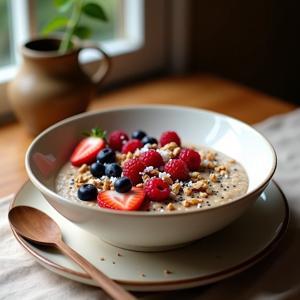 Bol de cerámica blanca con gachas cremosas de amaranto keto, decoradas con frutos rojos frescos, semillas de chía, nueces picadas y coco rallado, sobre un mantel de lino beige.