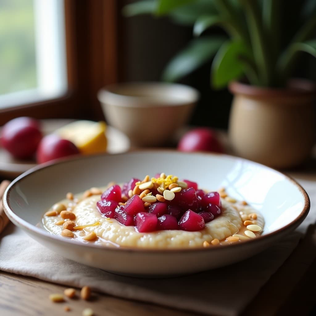 Bol de cerámica blanca con gachas de amaranto cremosas, cubiertas de compota de higo chumbo de color fucsia intenso, decoradas con mantequilla de almendras dorada y nueces de macadamia picadas. Fondo rústico con tela de lino y canela en rama.
