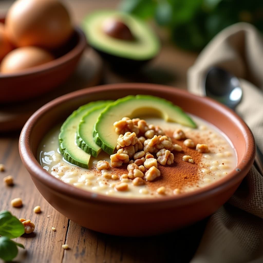Bol de barro rústico con gachas de amaranto cremosas, decoradas con semillas de chía, nueces de Brasil picadas y un espolvoreado de canela molida sobre fondo de madera oscura. Desayuno mexicano antiinflamatorio.