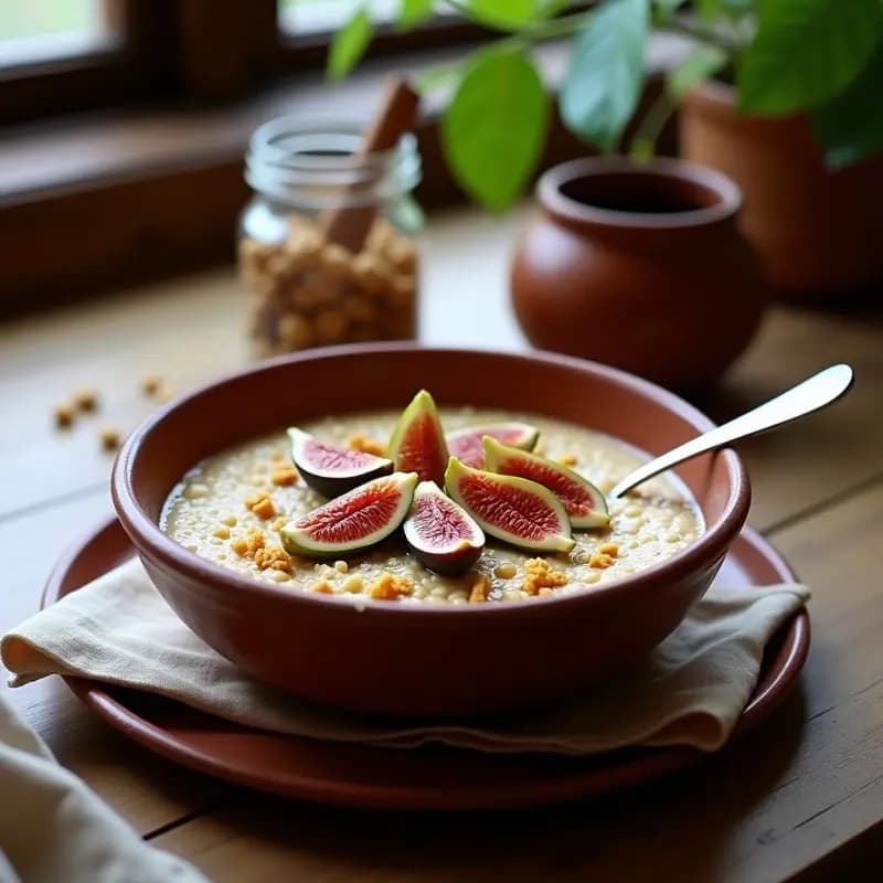 Bol de barro con gachas de amaranto cremosas, cubiertas con higos frescos troceados, avellanas picadas y un hilo de miel. Fondos de desayuno rústico con cucharón de madera.