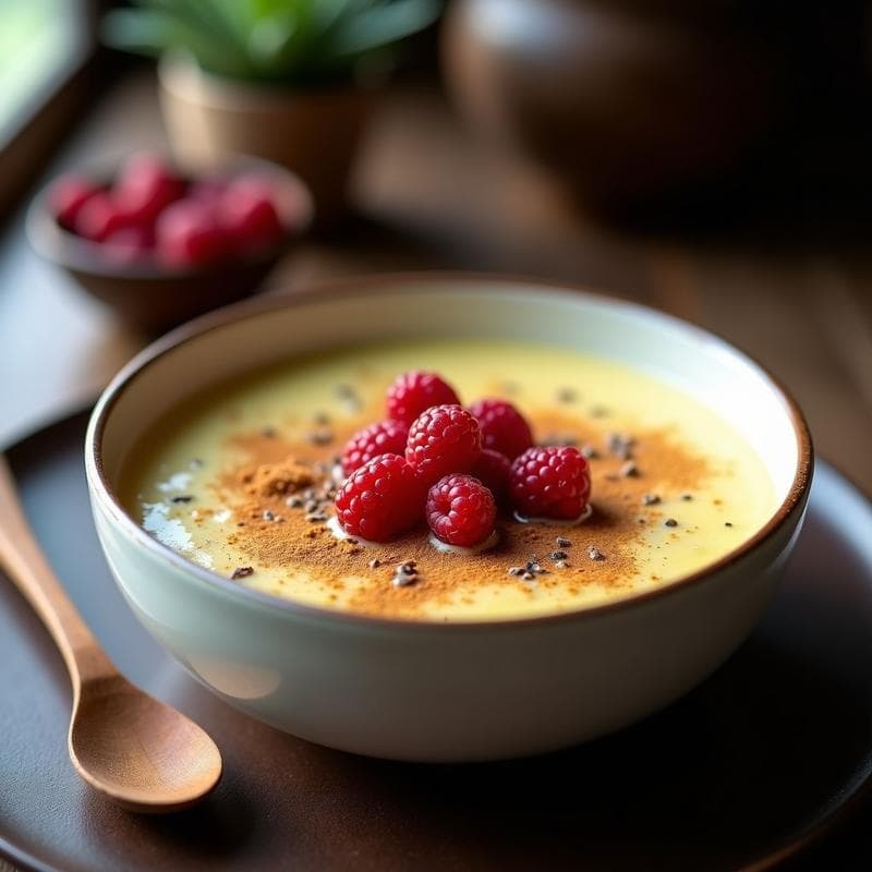Bol de barro con gachas de amaranto cremosas, leche de avena y canela espolvoreada, decorado con semillas de chía. Desayuno azul maya sin lácteos sobre fondo rústico de madera.