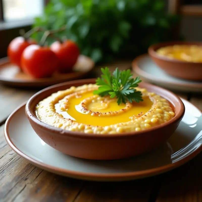Cazuela de barro humeante con gachas andaluzas cremosas, chorrito de aceite de oliva virgen extra arriba, servidas en plato rústico de cerámica.