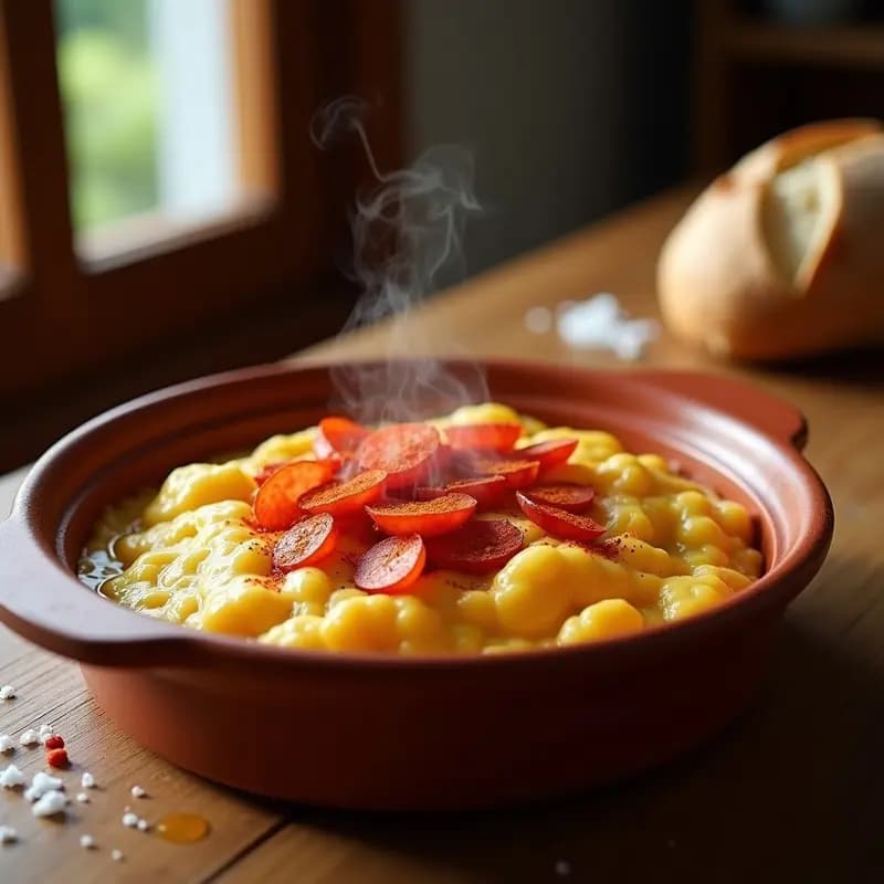 Cazuela de barro humeante con gachas andaluzas cremosas, chorizo dorado y pimentón espolvoreado, desayuno energético y reconfortante.