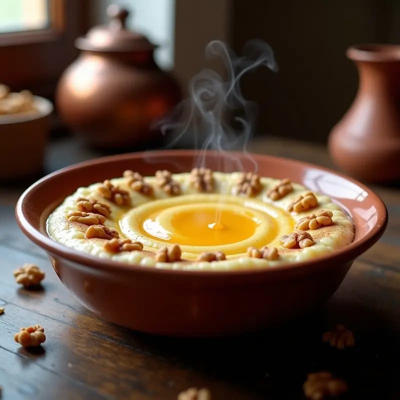 Cuenco de barro humeante con gachas andaluzas cremosas, bañadas en miel dorada y espolvoreadas con nueces troceadas y canela, sobre una mesa rústica de madera con fondo de cocina tradicional.