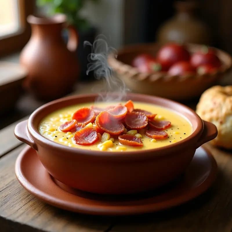 Cazuela de barro humeante con gachas andaluzas cremosas, trozos de tocino dorado y rodajas de chorizo fresco, servidas en cuenco rústico sobre fondo de madera.