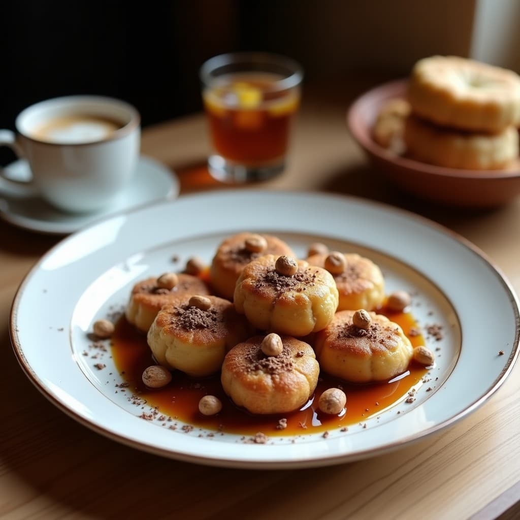 Bol de cerámica blanca con gachas cremosas de avena y cacao, coronadas con compota dorada de pera, nueces pecanas tostadas y un espolvoreado de canela. Fondo rústico con textura de madera y luz natural suave.