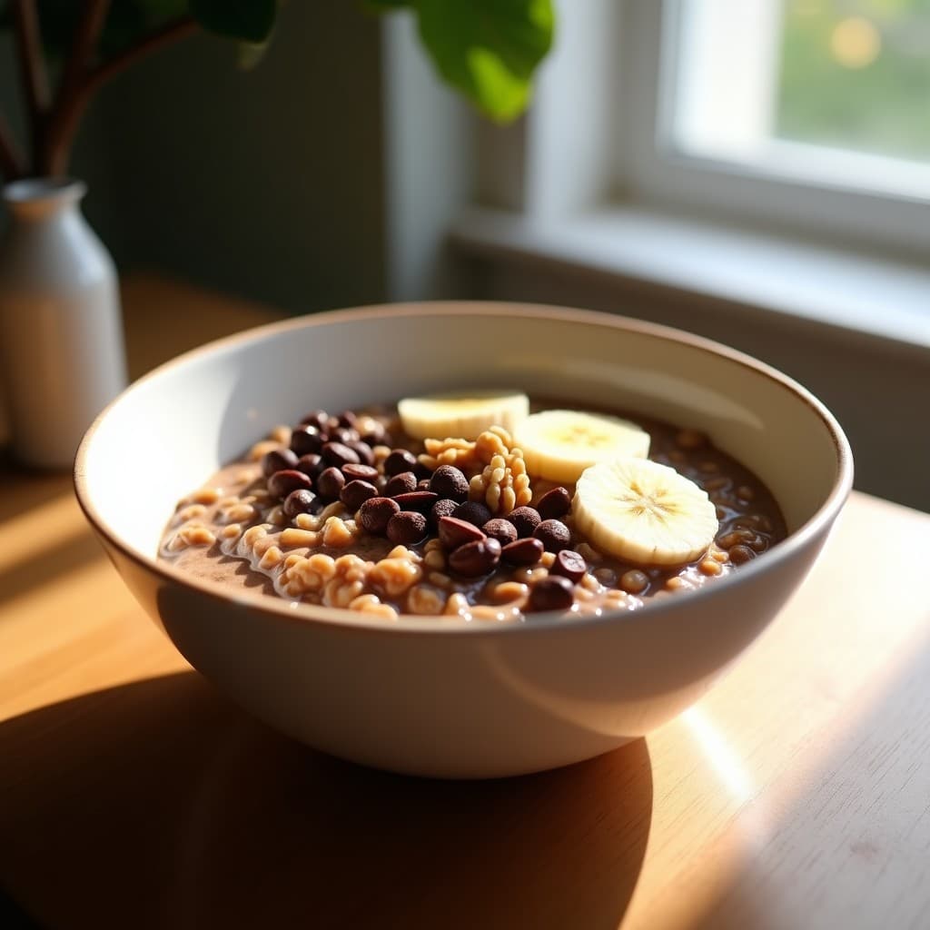 Bol de cerámica blanca con gachas de avena cremosas, espolvoreadas con cacao nibs y trozos de chocolate negro derretido, decoradas con rodajas de plátano y nueces picadas.