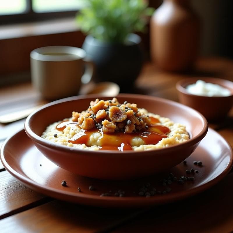 Bol de barro con gachas de avena cremosas, bañadas en caramelo salado de dátiles oscuro y decoradas con nueces tostadas doradas. Fondo rústico con cucharón de madera y semillas de chía espolvoreadas.