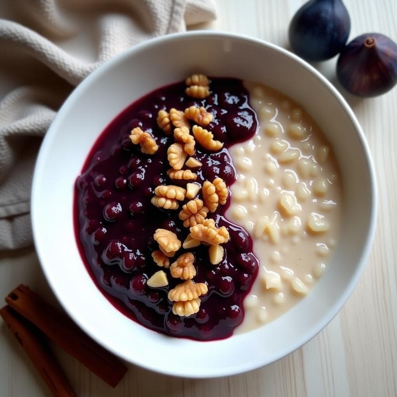 Bol de cerámica blanca con gachas de avena cremosas, compota de higo negro de color morado intenso y nueces tostadas picadas. Texturas contrastadas y presentación minimalista sobre fondo de madera clara.