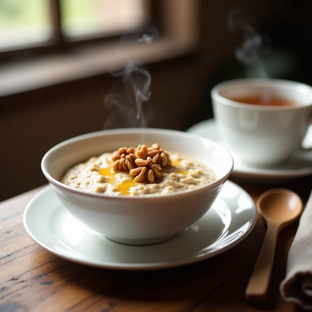 Bol de cerámica blanca con gachas de avena cremosas, infusionadas con té Earl Grey, coronadas con nueces tostadas y un hilo de miel dorada. Fondo rústico con una taza de té humeante y una cuchara de madera.