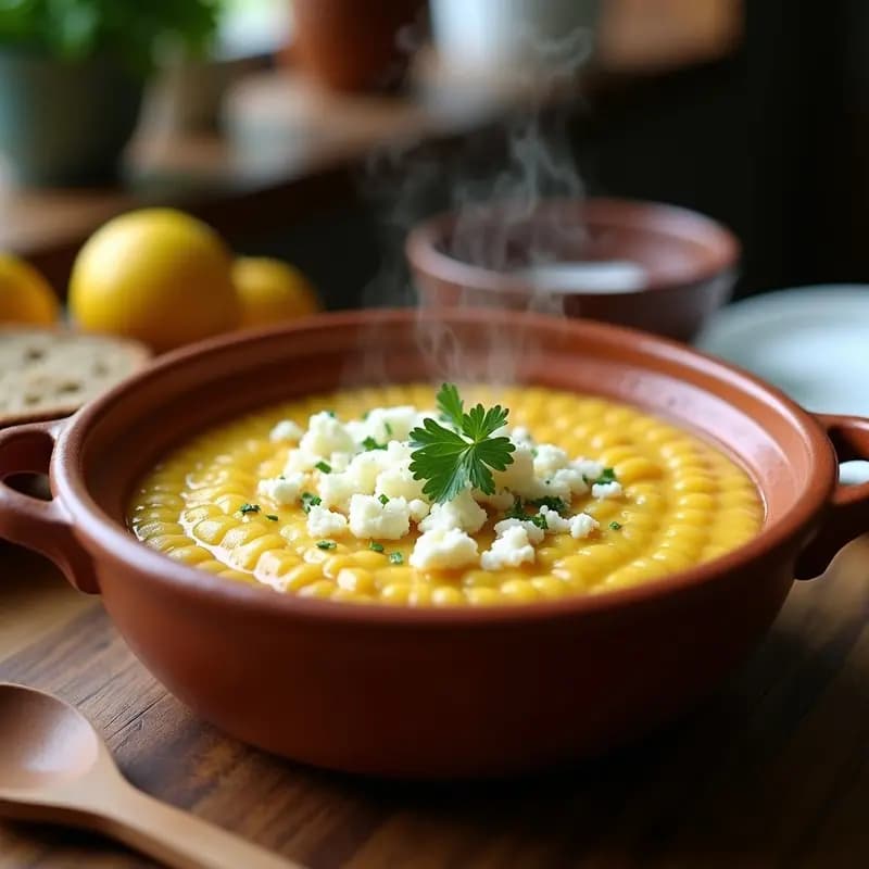 Bol de barro con gachas canarias cremosas, coronadas con queso fresco desmenuzado y perejil picado, servidas junto a una cuchara de madera y un trozo de pan rústico.