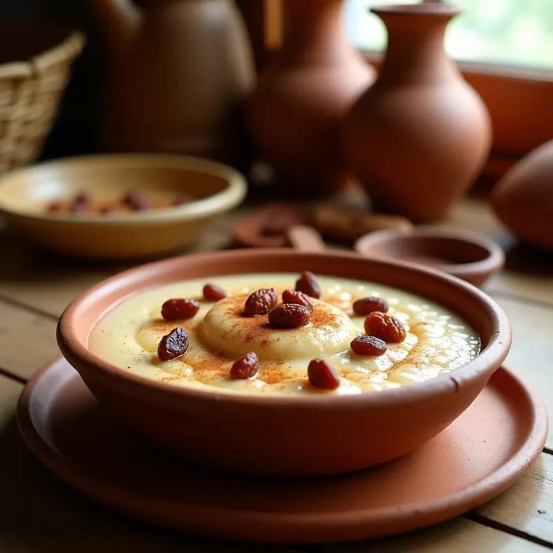 Cuenco de barro rústico con gachas dulces de harina de almendra, espolvoreadas con canela y acompañadas de pasas, sobre una mesa de madera con fondo de cocina tradicional andaluza.