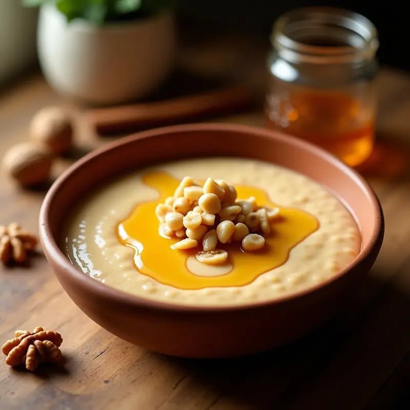 Cuenco de barro humeante con gachas dulces de harina de almorta, cubiertas de miel dorada y nueces picadas, sobre fondo rústico de madera con especias al lado.