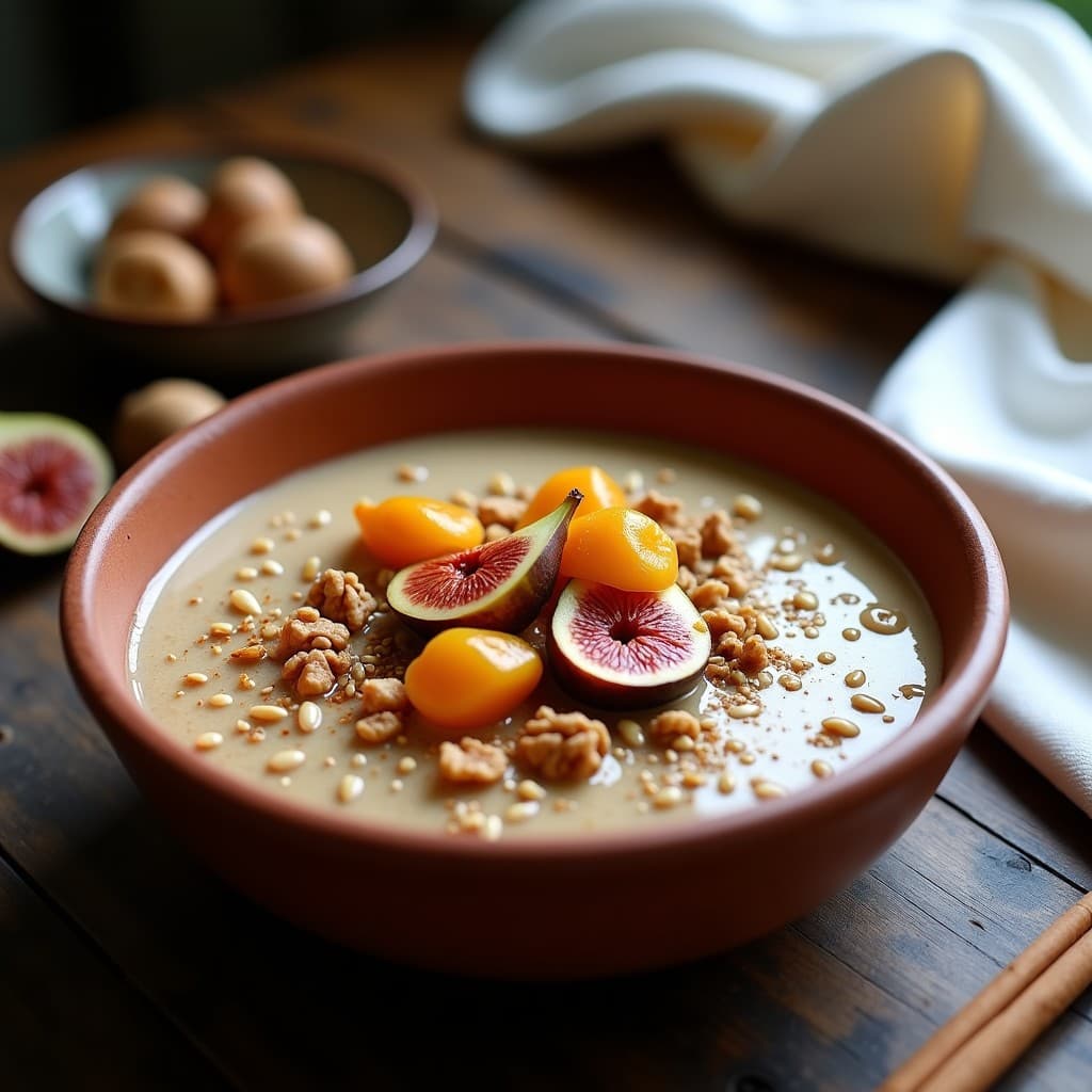 Cuenco rústico de barro con gachas de espelta cremosas, trozos de higos chumbia dorados, espolvoreadas con canela y decoradas con nueces picadas y semillas de sésamo. Fondo de madera con una rama de canela y un paño de lino blanco. Receta andaluza tradicional en Thermomix.