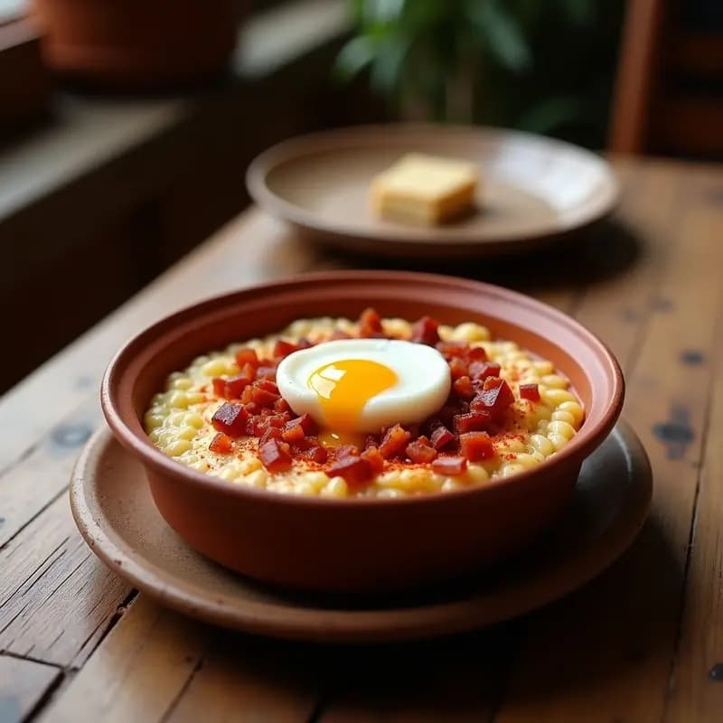 Cazuela de barro humeante con gachas extremeñas cremosas, taquitos de panceta dorada, huevo escalfado y un espolvoreado de pimentón de la Vera sobre fondo rústico de madera.