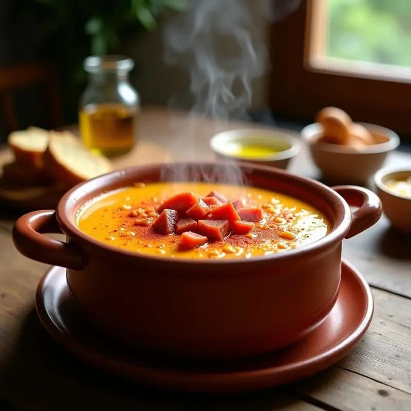 Cazuela de barro humeante con gachas extremeñas cremosas, trozos de chorizo y un toque de pimentón espolvoreado por encima, receta tradicional de aprovechamiento.