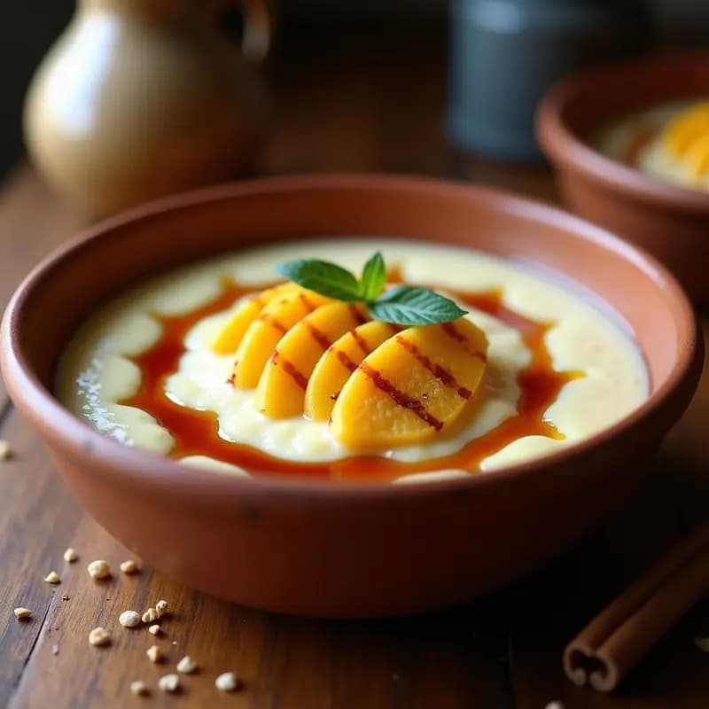 Bol de barro rústico con gachas canarias de gofio cremosas, cubiertas con miel de palma oscura y láminas de queso asado dorado. Fondo de madera con detalles tradicionales canarios.
