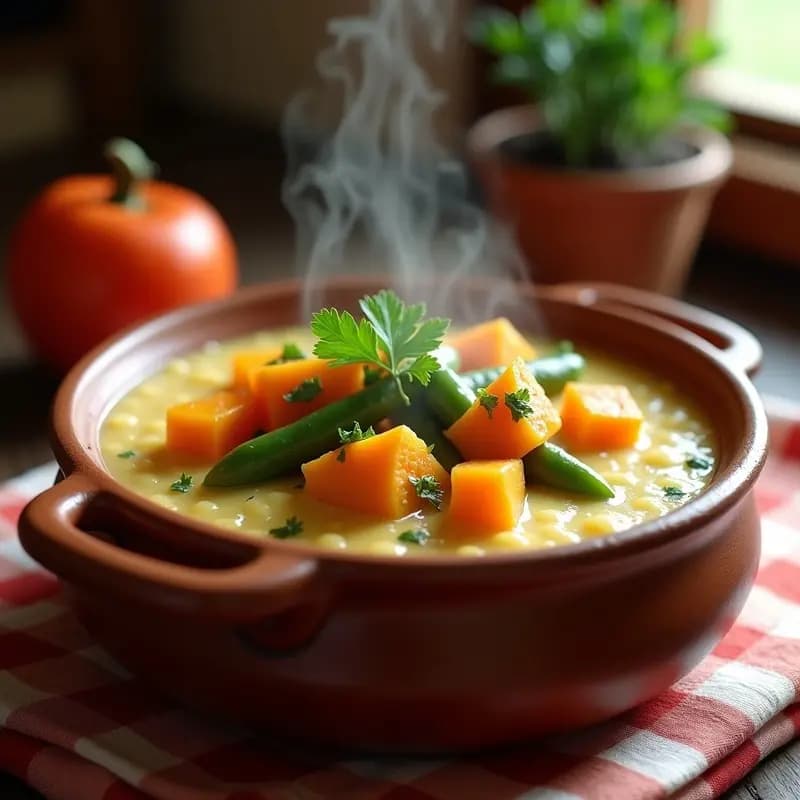 Cuenco rústico de barro con gachas de harina de almorta aragonesa espesas, de color beige claro, mezcladas con trozos de calabaza naranja, espinacas verdes y un hilo de aceite de oliva virgen extra brillante en la superficie. Fondo de madera oscura con puerro y cebolla frescos.