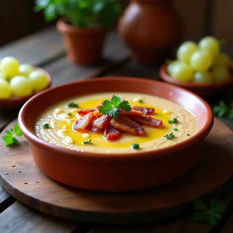 Cazuela de barro humeante con gachas de harina de almorta cremosas, trozos de bacon dorado y uvas blancas enteras, decoradas con perejil fresco. Plato tradicional de pastor de La Alcarria.