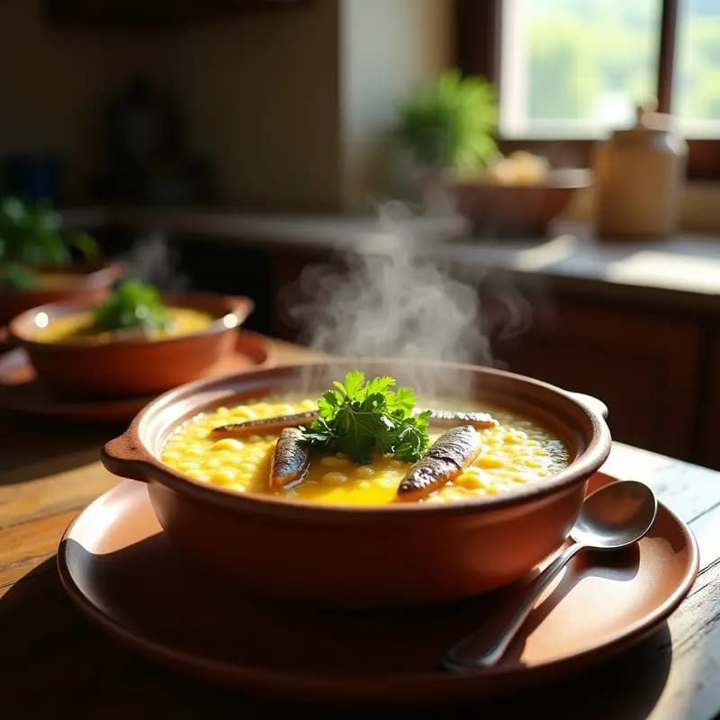 Cazuela de barro humeante con gachas de harina de almorta cremosas, coronadas con sardinas en aceite desmenuzadas y perejil fresco, acompañadas de rebanadas de pan tostado. Receta tradicional de la Serra d’Espadà valenciana.