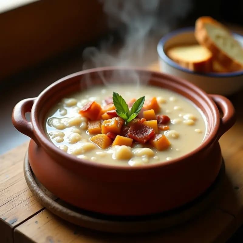 Cazuela de barro humeante con gachas de harina de almorta y tocino dorado, desayuno tradicional de Castilla-La Mancha, servidas en cuenco rústico con rebanadas de pan.