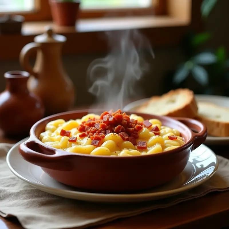 Cazuela de barro humeante con gachas manchegas cremosas de harina de almorta, trocitos de panceta dorada y un toque de pimentón, servidas en una mesa rústica.