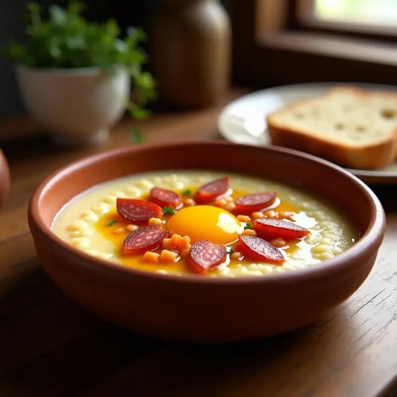 Plato hondo de barro con gachas manchegas cremosas, chorizo en rodajas, trozos de panceta dorada y un huevo crudo en el centro, típico desayuno energético de pastores.