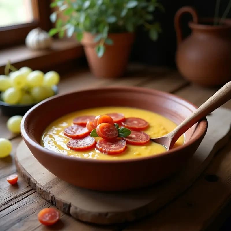 Cuenco hondo de barro con gachas manchegas cremosas, trozos de chorizo dorado y uvas blancas enteras. Plato tradicional de La Mancha servido con cuchara de madera sobre fondo rústico.