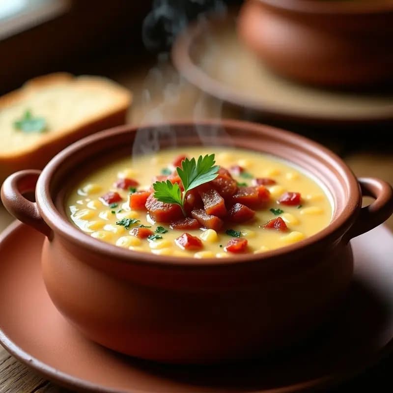 Cazuela de barro humeante con gachas manchegas cremosas, decoradas con taquitos de bacon dorado, rodajas de chorizo y perejil fresco. Plato tradicional español reconfortante.