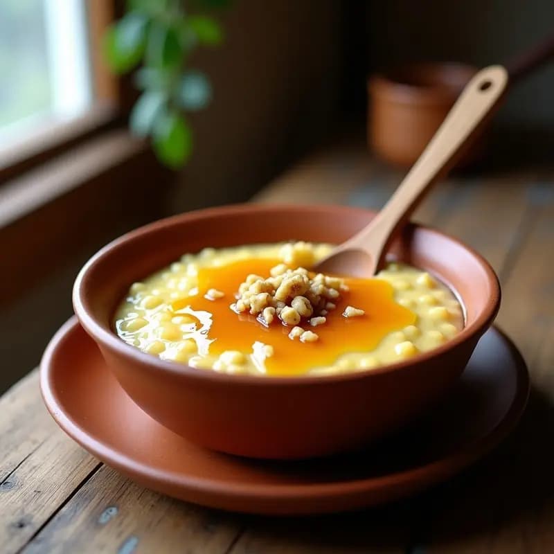 Cuenco rústico de barro con gachas manchegas dulces de color dorado, cubiertas con miel dorada y nueces troceadas, servidas sobre una mesa de madera con una cuchara de madera al lado.