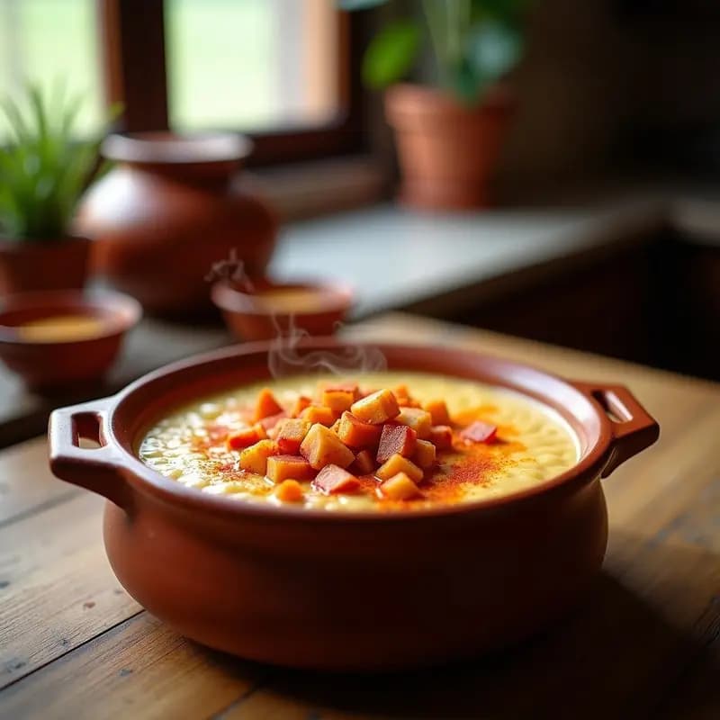 Cazuela de barro humeante con gachas manchegas cremosas, trocitos de tocino dorado y un espolvoreado de pimentón dulce, servidas en cuencos rústicos sobre una mesa de madera.