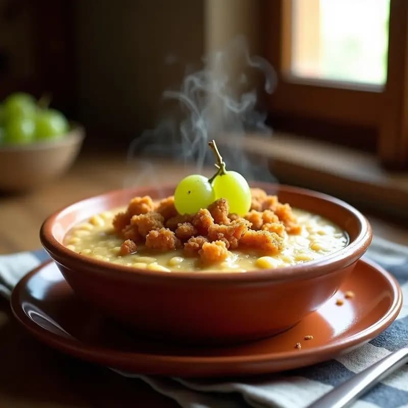 Cazuela de barro humeante con gachas manchegas cremosas, trozos de torreznos dorados y uvas blancas frescas. Plato tradicional de desayuno o merienda de pastores.