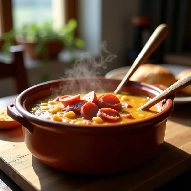 Cazuela de barro humeante con gachas manchegas espesas, trozos de panceta, chorizo y morcilla, servidas con pan rústico al lado, receta tradicional de olla lenta.