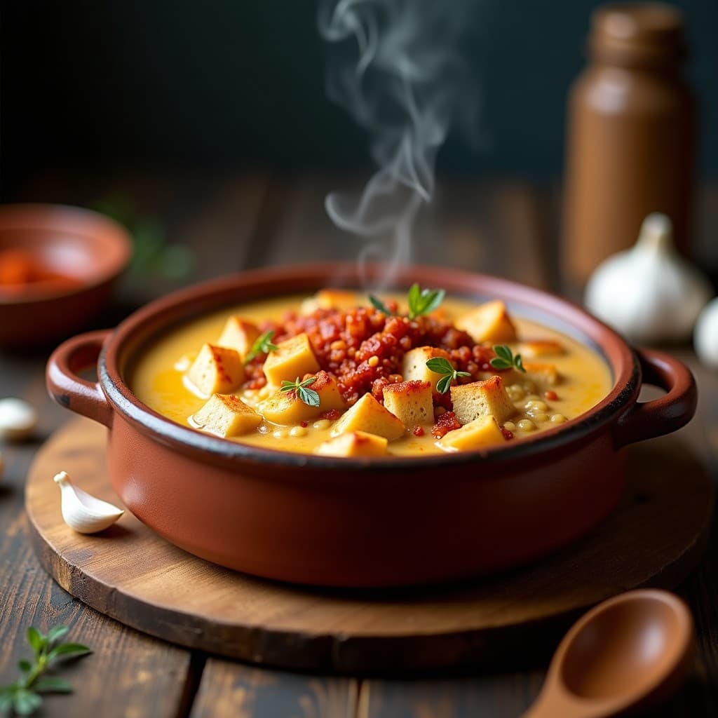 Cazuela de barro humeante con gachas manchegas cremosas, trozos de panceta dorada y pimentón espolvoreado, receta tradicional de cocina española.