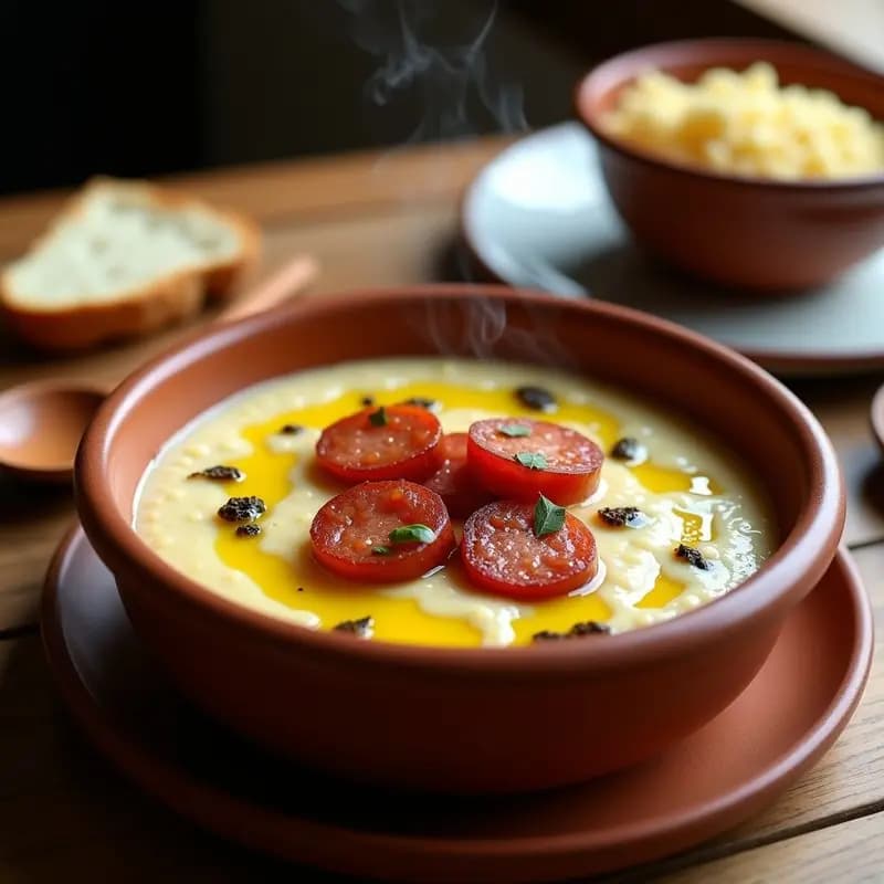 Cuenco rústico de barro con gachas manchegas trufadas, espesas y humeantes, coronadas con rodajas de chorizo dorado y un hilo de aceite de trufa negra. Fondo de mesa de madera con pan tostado y cucharón de madera.