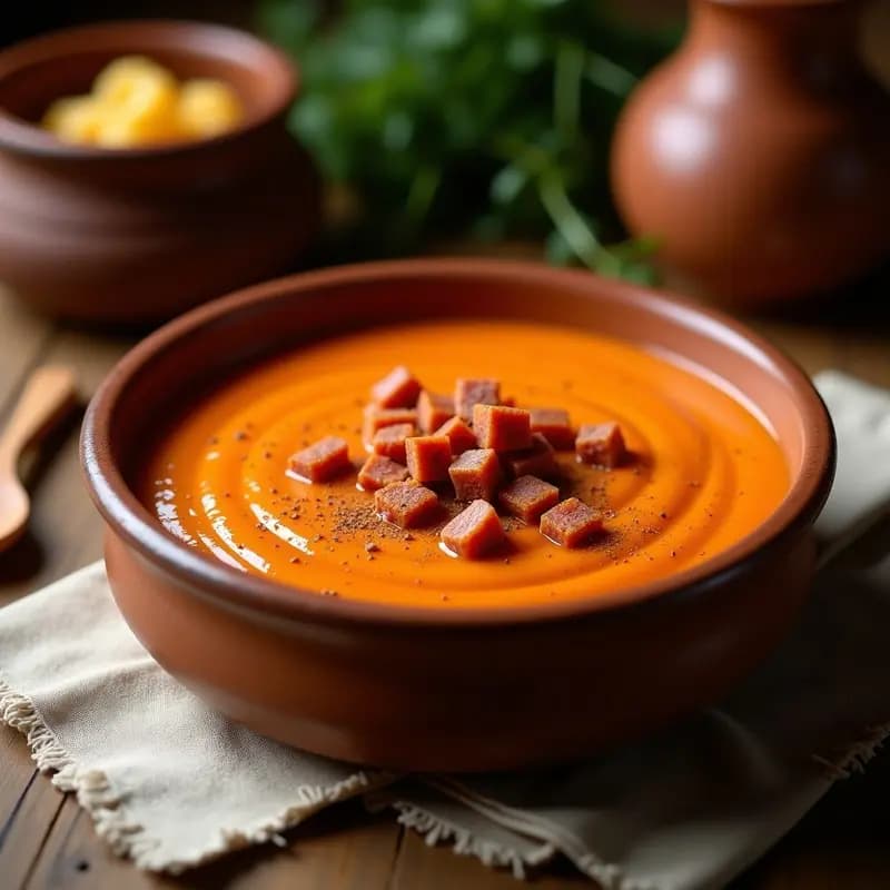 Plato hondo de barro con gachas de manteca colorá extremeñas, de textura cremosa y color rojizo intenso por el pimentón, acompañadas de trozos de chorizo y tocino dorado.