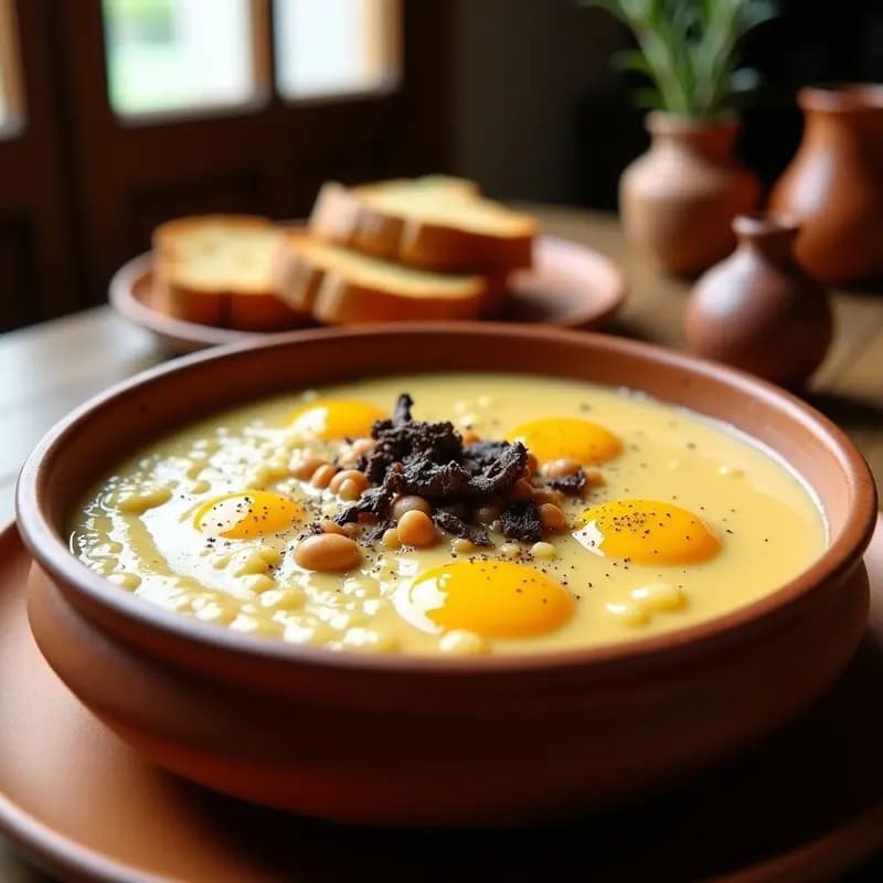 Cuenco rústico de barro con gachas de harina cremosas, cubiertas con manteca ibérica brillante y trufa negra rallada, acompañado de huevo frito y pan tostado.