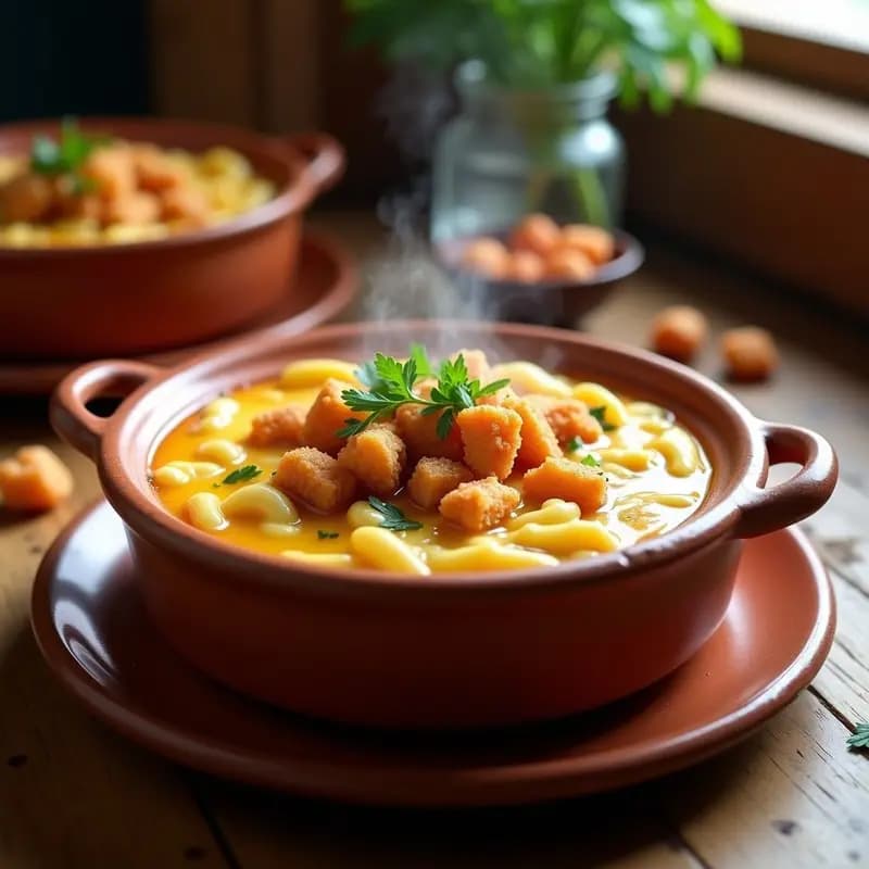 Cazuela de barro humeante con gachas mantegadas de color dorado, trozos crujientes de chicharrones y perejil fresco picado, receta tradicional extremeña de aprovechamiento.