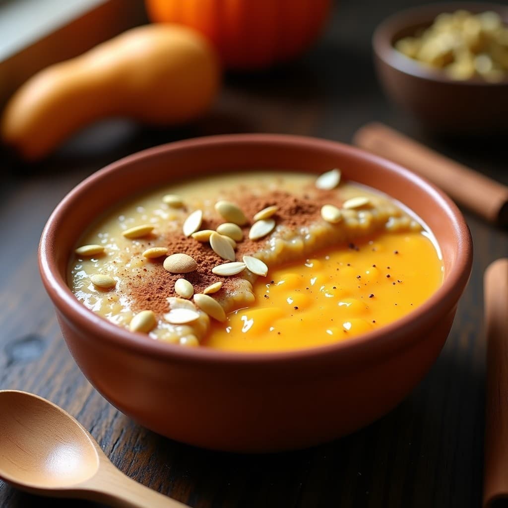Bowl rústico de barro con gachas de mijo y calabaza butternut, cremosas y doradas, espolvoreadas con canela molida, almendras fileteadas y semillas de calabaza. Fondo de madera oscura con una rama de canela y una cucharita de madera.