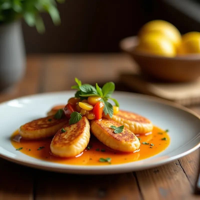 Bol de cerámica blanca con gachas de mijo cremosas, cubiertas de compota de higos dorados y canela, decoradas con nueces picadas. Plato rústico sobre fondo de madera clara, desayuno africano sin lactosa.