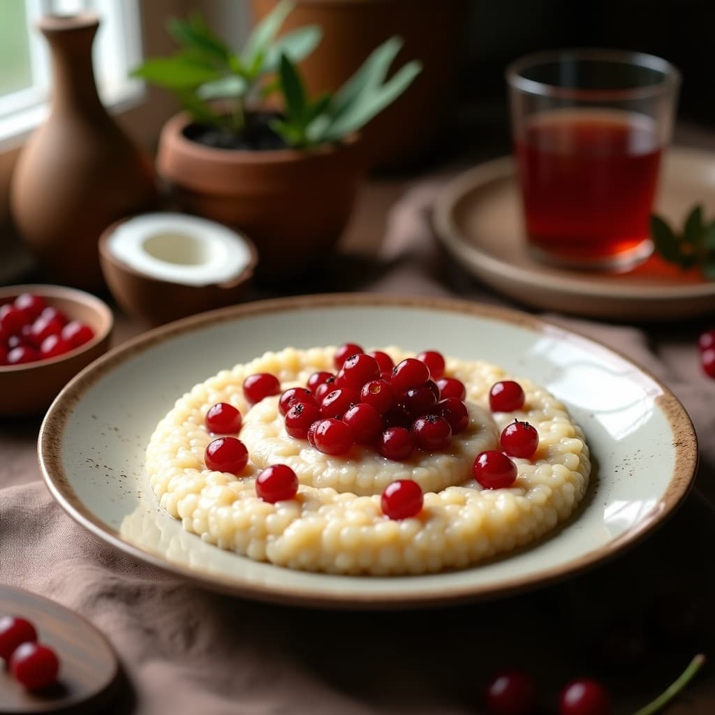 Bol de cerámica blanca con gachas de mijo y leche de coco, textura cremosa y color beige claro, decoradas con frutos rojos frescos, coco rallado y nueces picadas. Fondo de madera rústica con una cuchara de madera y un paño de lino.