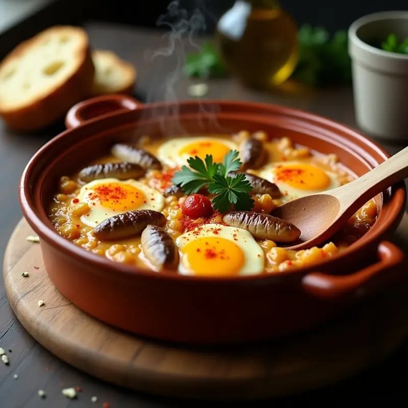 Cazuela de barro humeante con gachas de pan espesas, trozos de sardinas en aceite y huevo cuajado, espolvoreadas con pimentón y perejil fresco. Plato tradicional extremeño de aprovechamiento.